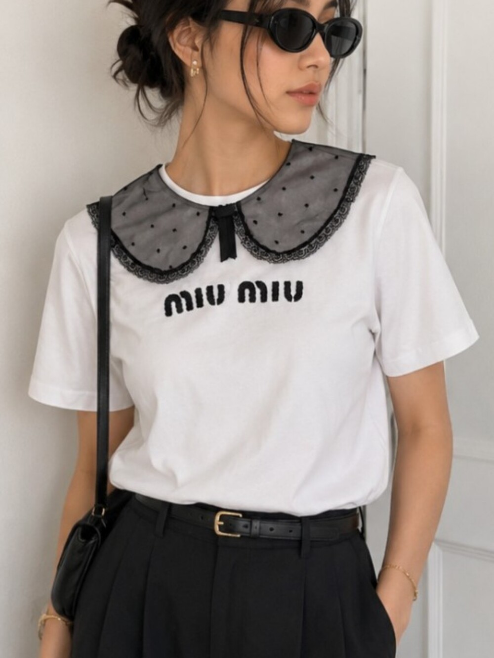 Miu Miu White Short Sleeve Tee with Black Lace Collar